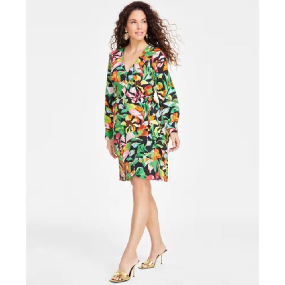 INC Floral Wrap Dress Tropical V Neck L Colorful Print Long Sleeve Midi Sz L